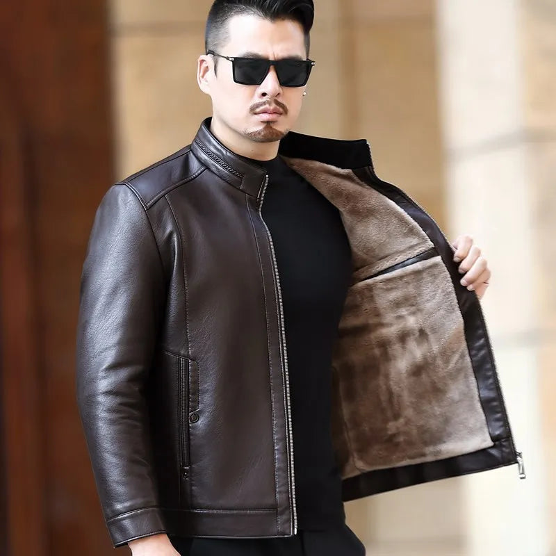 Natural Leather Jacket Men's Stand-up Collar