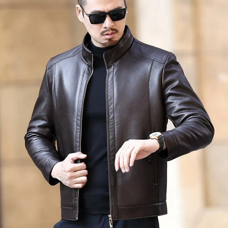 Natural Leather Jacket Men's Stand-up Collar