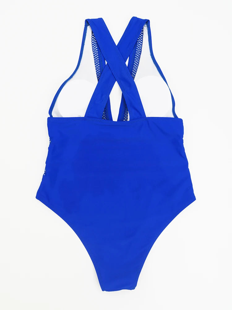 Women’s Mesh Patchwork One Piece Swimsuit Deep V-Neck Push Up Monokini