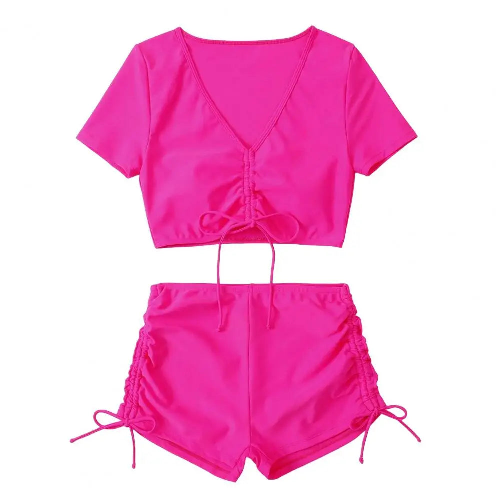 Women’s V-Neck Bikini Set with High Waist Drawstring Swim Shorts