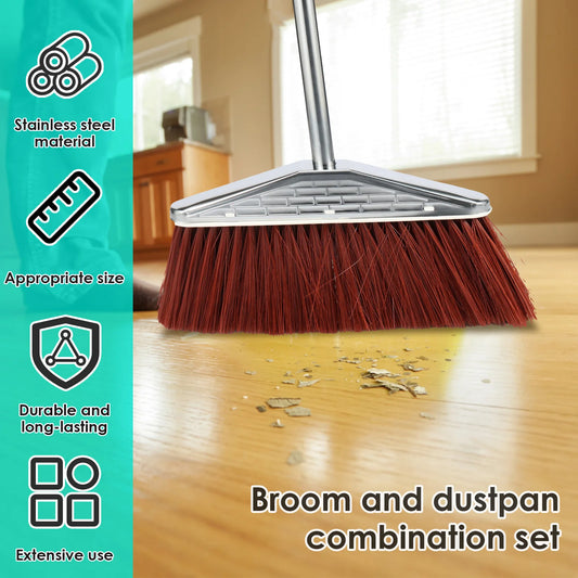 Long Handle Broom and Dustpan Set with Stainless Steel Pole for Home Cleaning