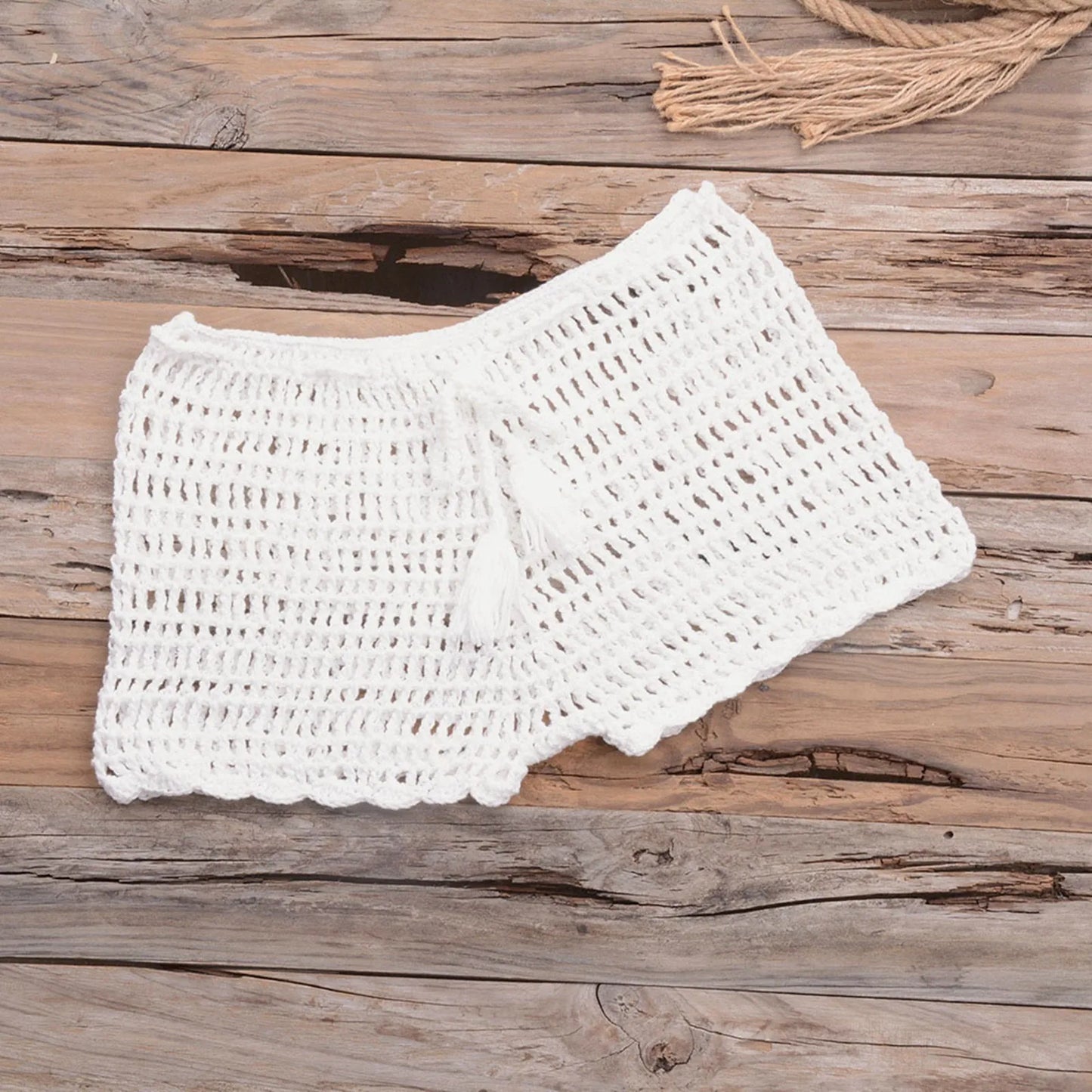 Women’s Crochet Knit Swim Shorts Hollow Out Beachwear with Drawstring