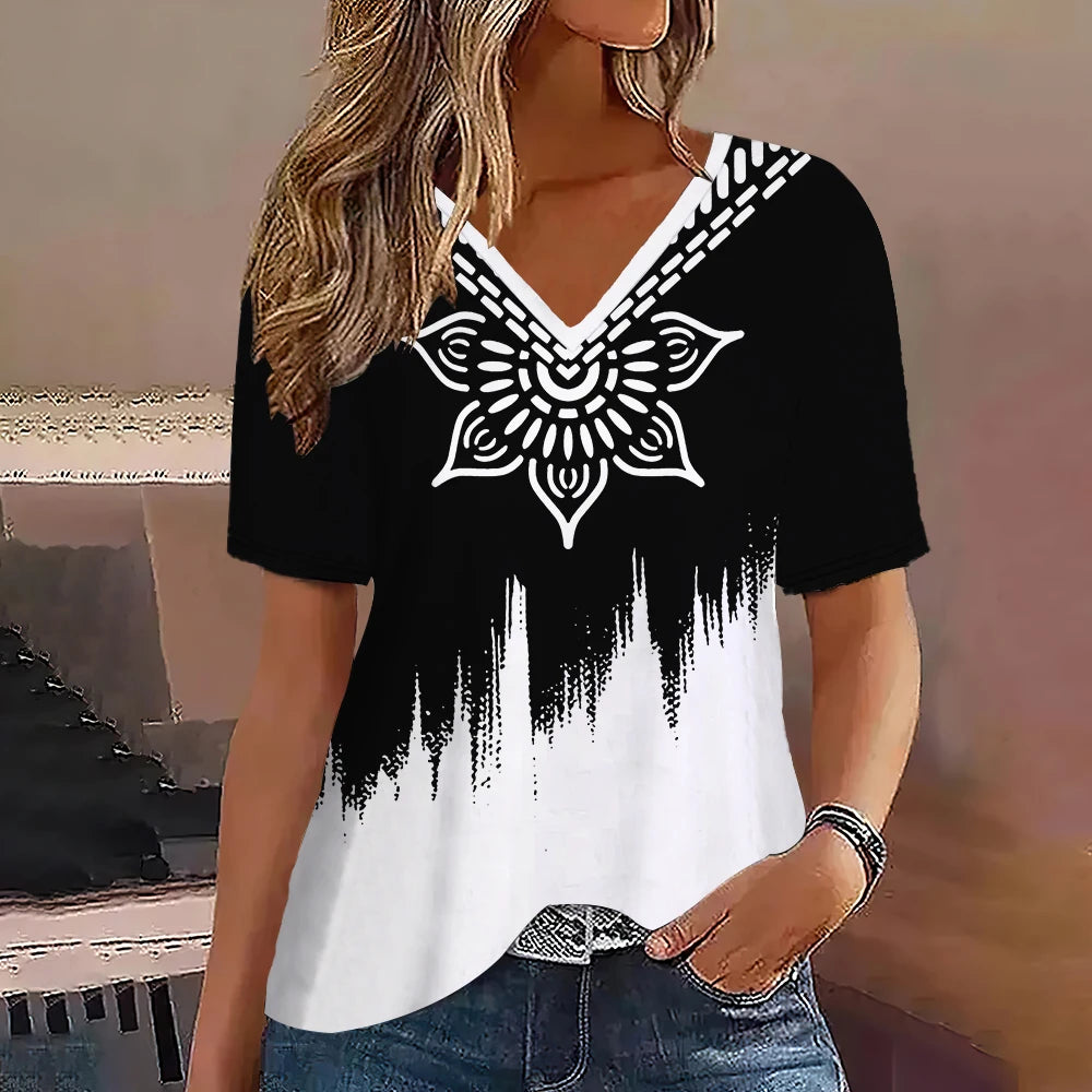 Women's Striped Gradient V-Neck Oversized T-Shirt