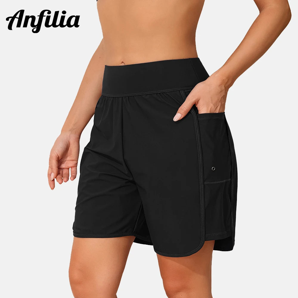 High Waist Women’s Swim Trunks with Pockets and Built-In Briefs