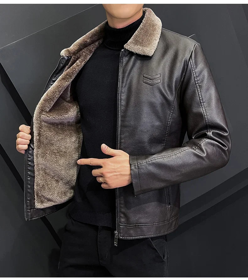 Winter Motorcycle Leather Jacket with Fur Collar
