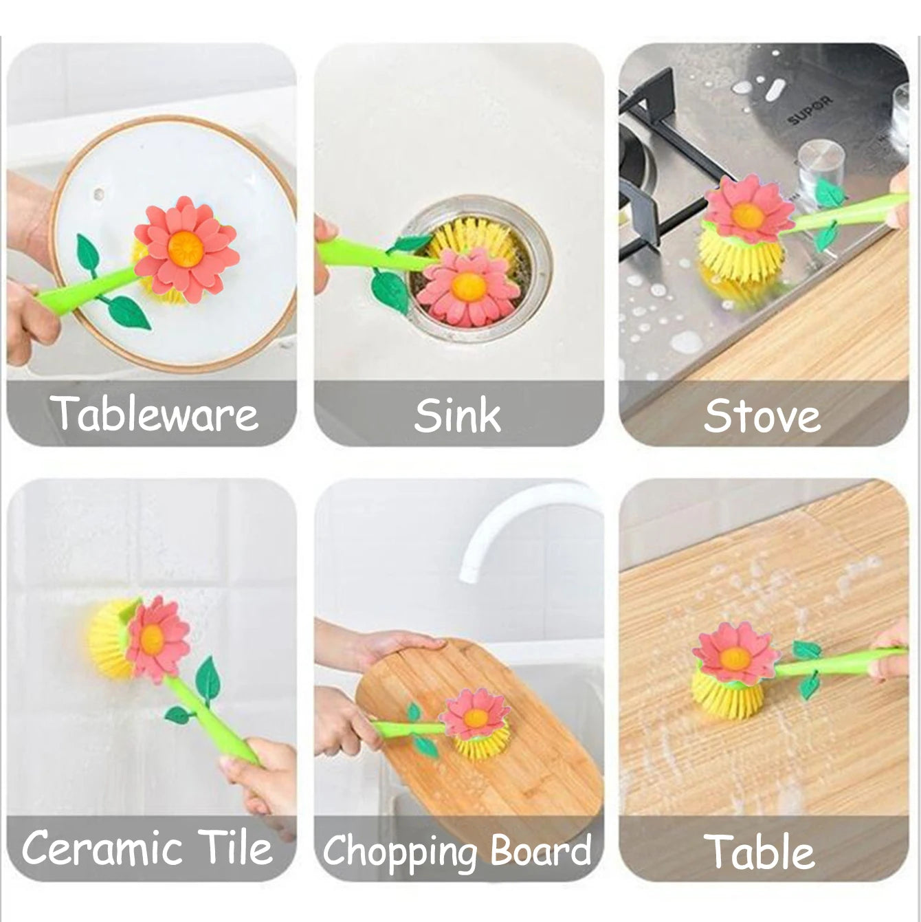 Flower Shape Kitchen Pot Cleaning Brush with Handle and Holder
