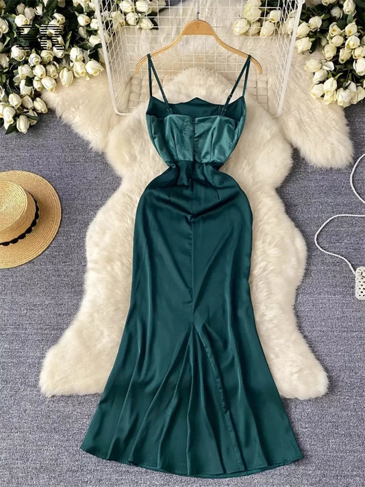 Elegant Satin Spaghetti Strap Backless Bodycon Dress