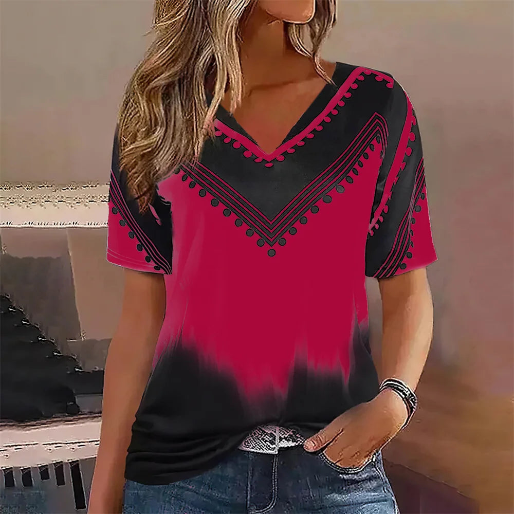 Women's Striped Gradient V-Neck Oversized T-Shirt