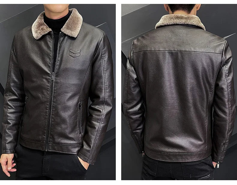Winter Motorcycle Leather Jacket with Fur Collar
