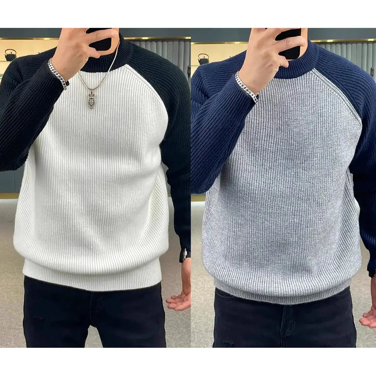 Men’s Casual Patchwork Knit Sweater - Retro Harajuku Pullover