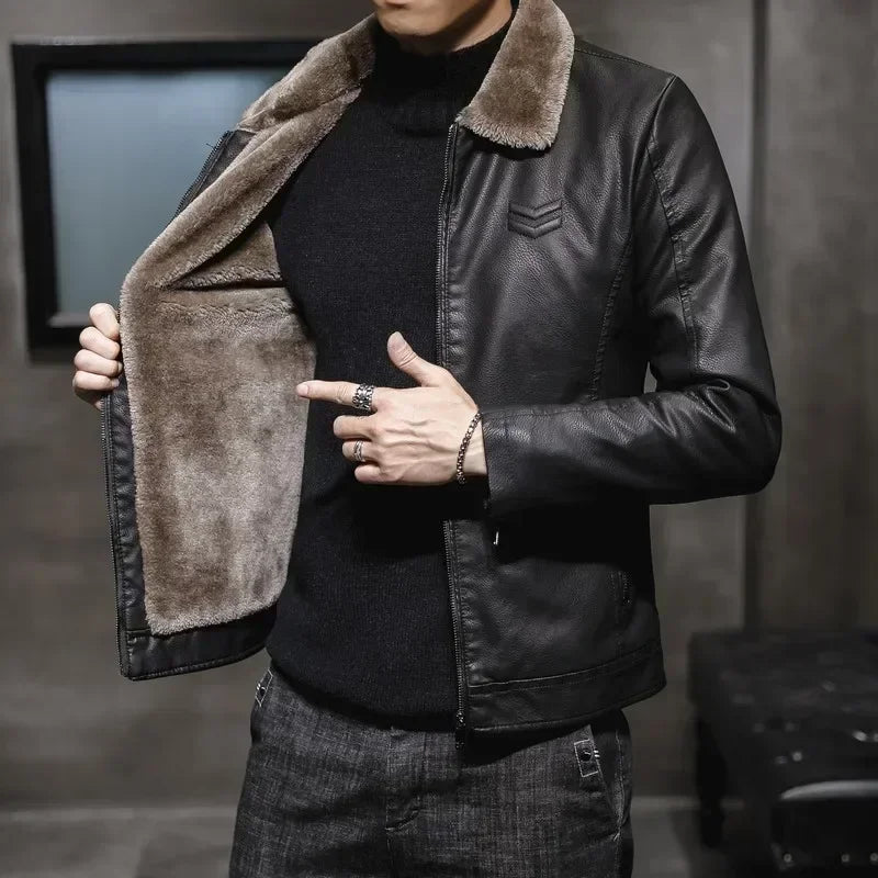 Winter Motorcycle Leather Jacket with Fur Collar