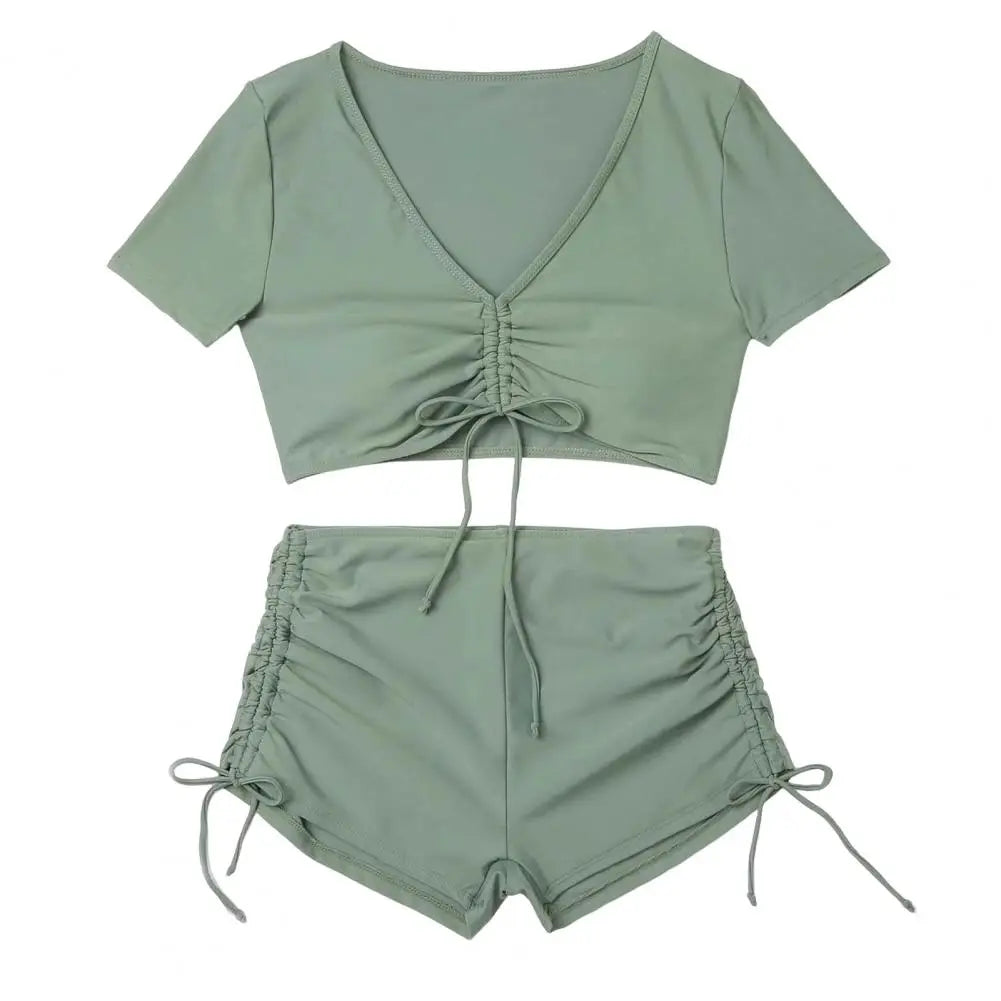 Women’s V-Neck Bikini Set with High Waist Drawstring Swim Shorts