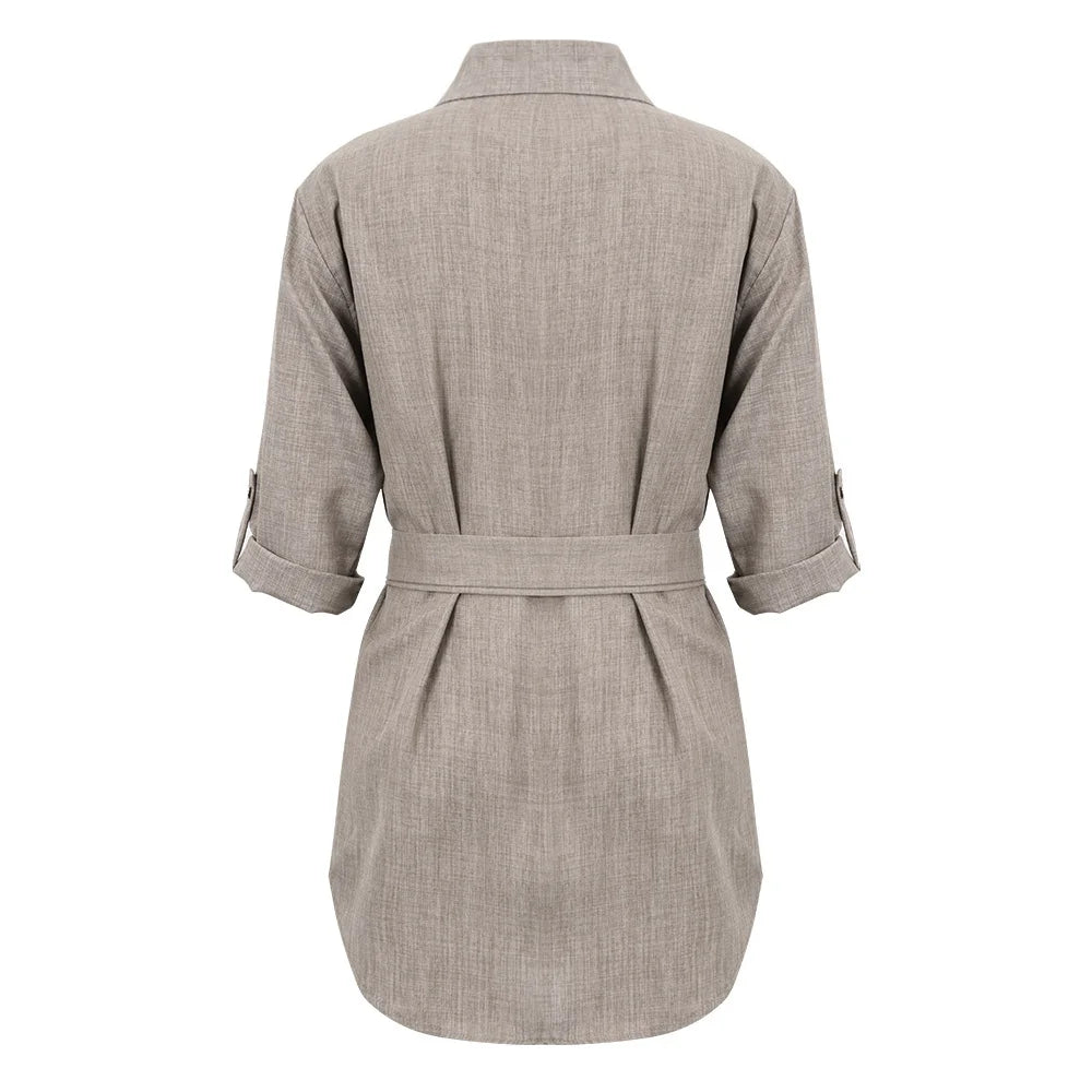 Elegant Women's Mini Shirt Dress with Deep V-neck & 3/4 Sleeves