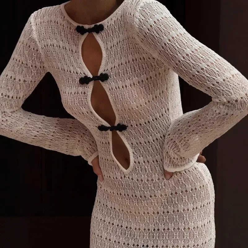 Talenza Hollow Sheer Maxi Dress – Sexy Backless Lace-Up Slit Gown