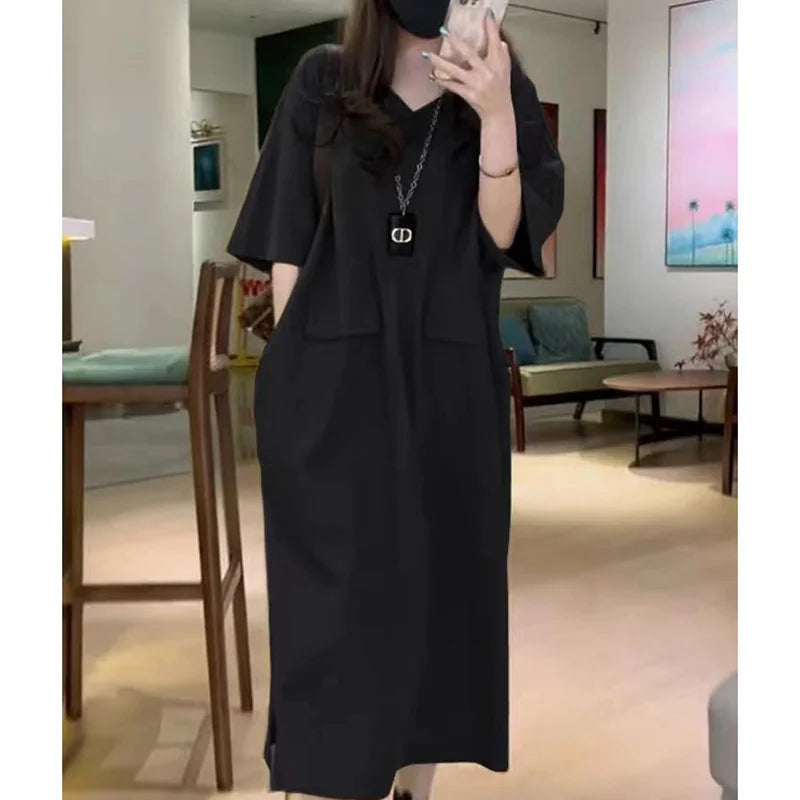 Women's Oversized V-Neck Korean Summer Dress with Pockets