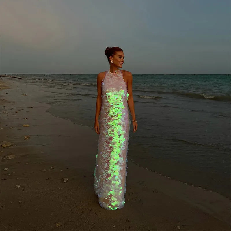 Chic Shining Sequin Maxi Dress – Backless Halter Beach Dress