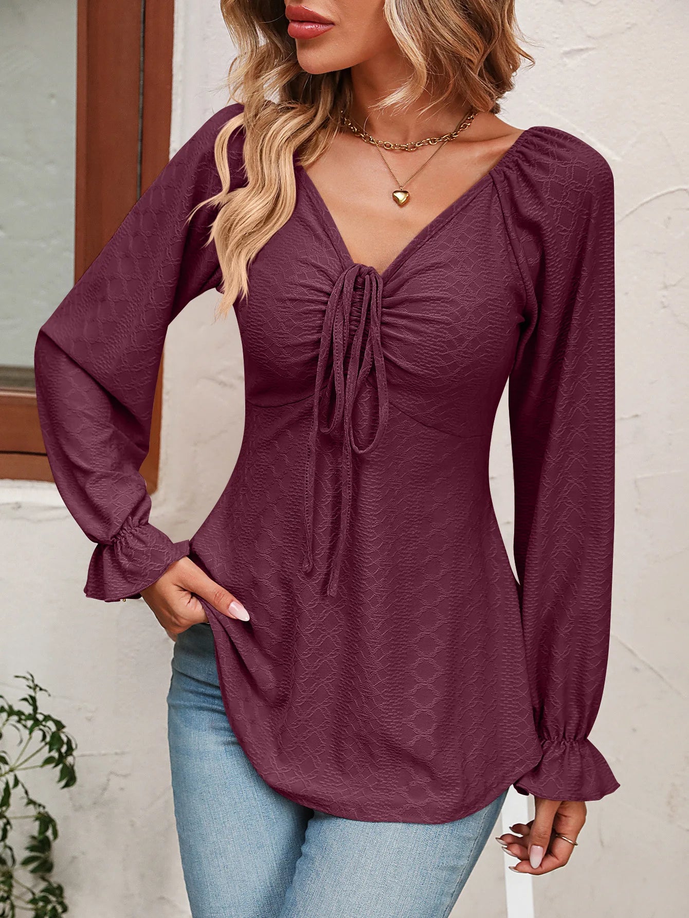 Sexy V-Neck A-Line Blouse with Drawstring Waist