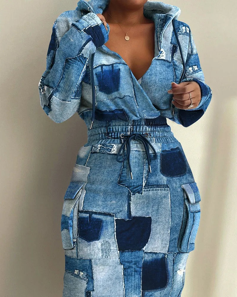 Plaid Hooded Drawstring Sweatshirt Dress – Autumn/Winter
