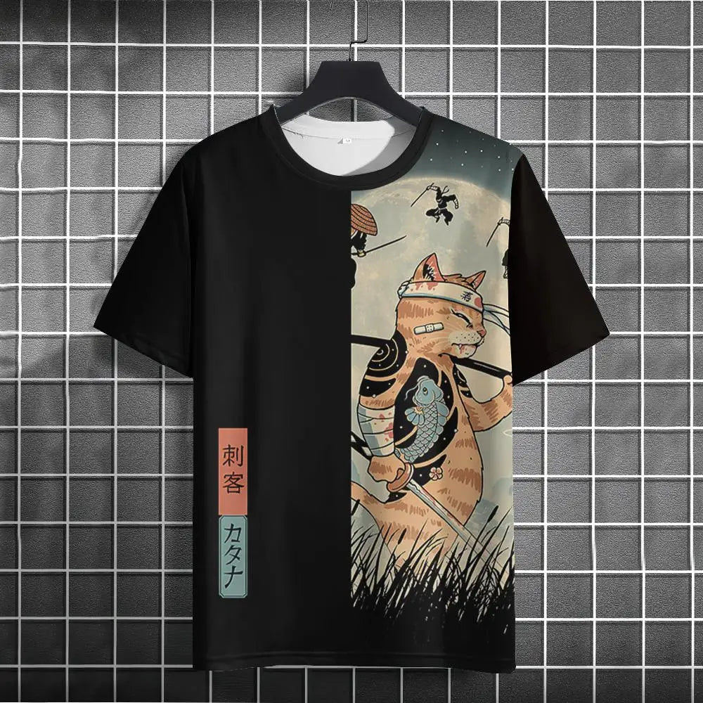 Unisex Japanese Samurai Cat 3D Printed T-shirt