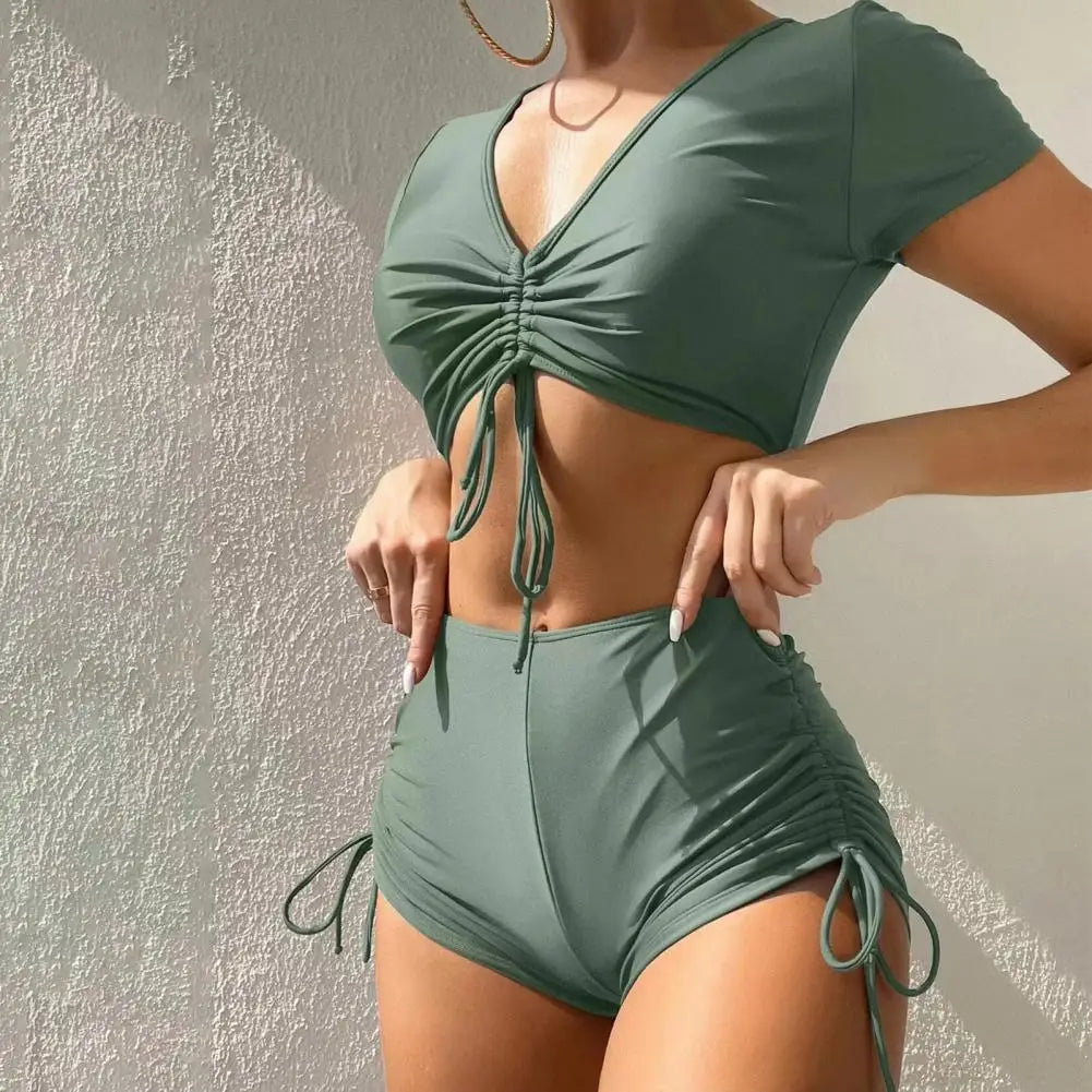 Women’s V-Neck Bikini Set with High Waist Drawstring Swim Shorts