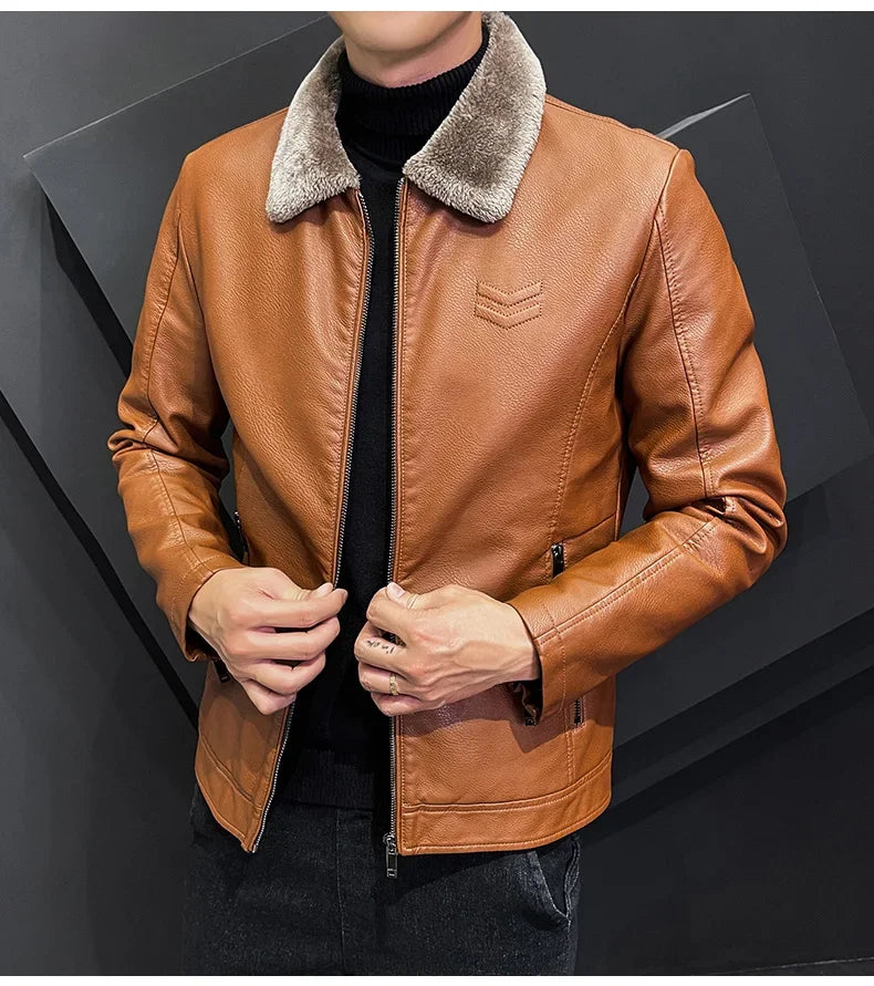 Winter Motorcycle Leather Jacket with Fur Collar