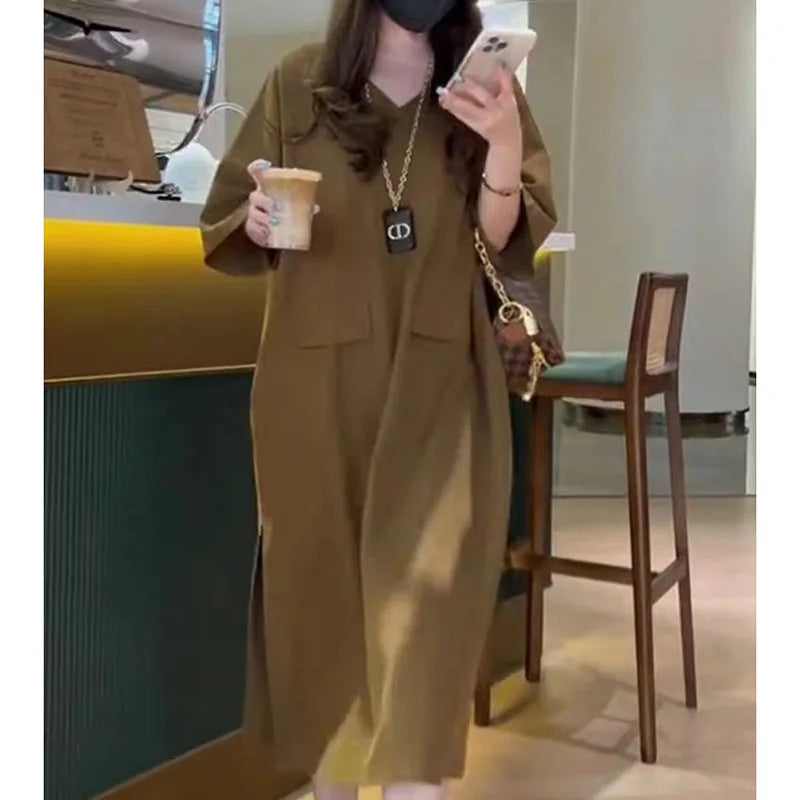 Women's Oversized V-Neck Korean Summer Dress with Pockets