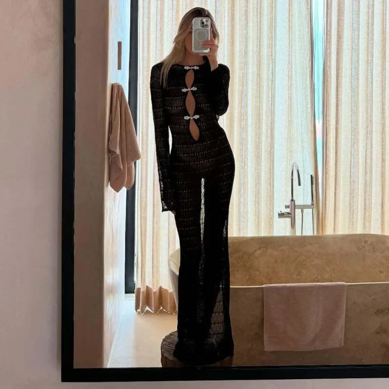 Talenza Hollow Sheer Maxi Dress – Sexy Backless Lace-Up Slit Gown