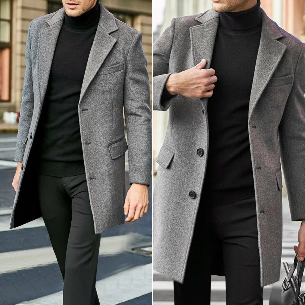 Men's Wool Lapel Trench Coat Single-Breasted England Style