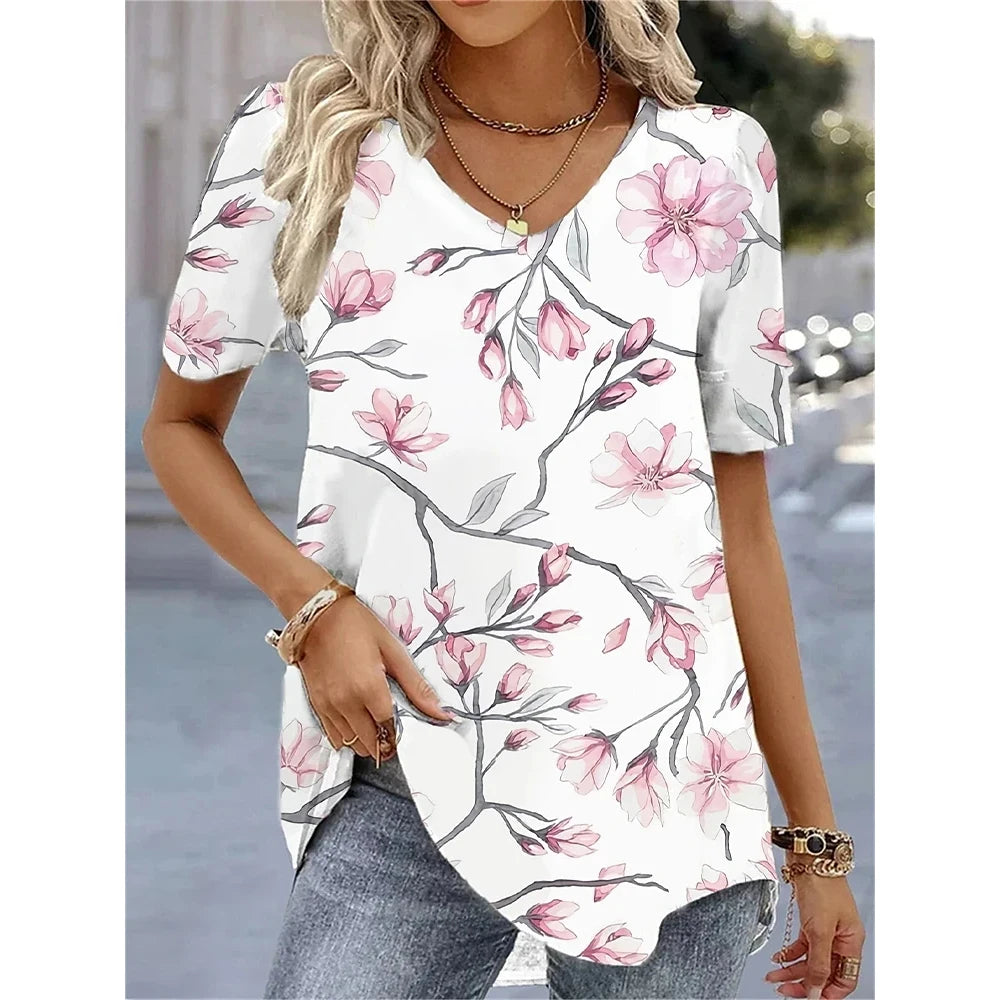 Women’s 3D Flower Print V-Neck Oversized Summer Tee