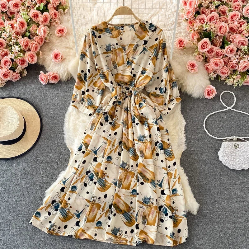 Women's Floral Chiffon Midi Dress – V-Neck Summer Elegance