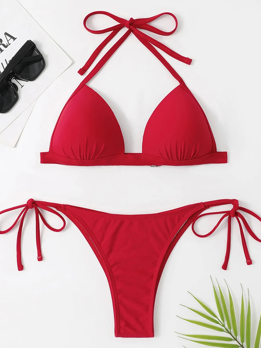 Women’s Halter Push Up Bikini Set Sexy Solid Color Swimwear