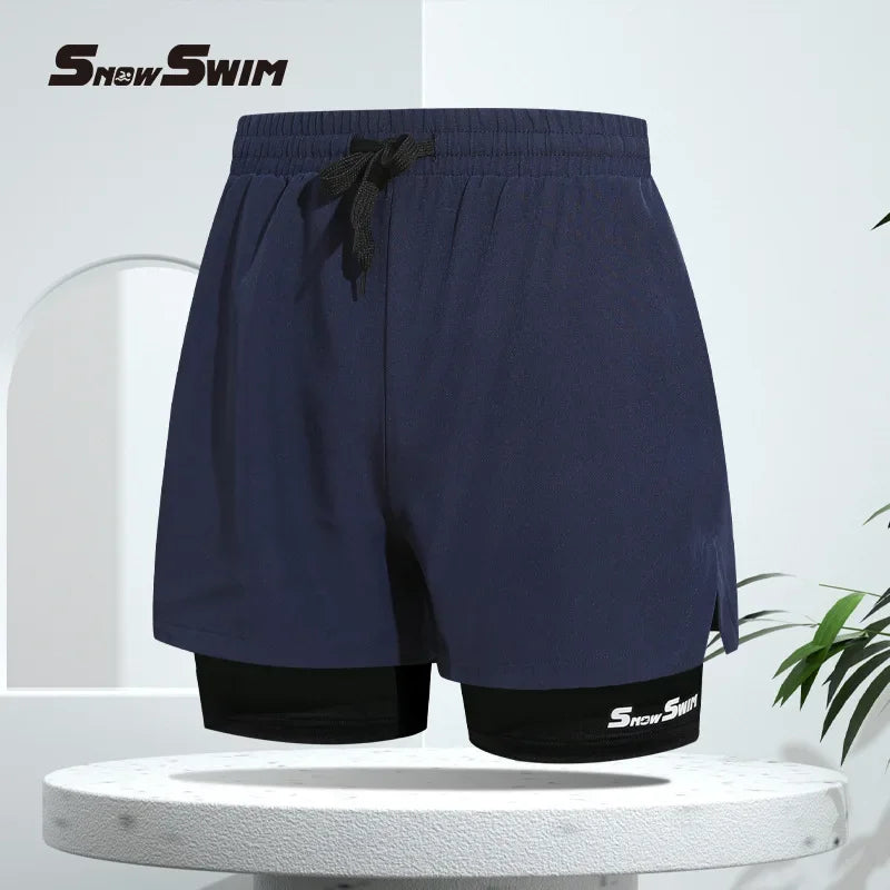 Men’s Quick-Dry Double-Layer Swim Trunks Beach Shorts for Swimming and Spa