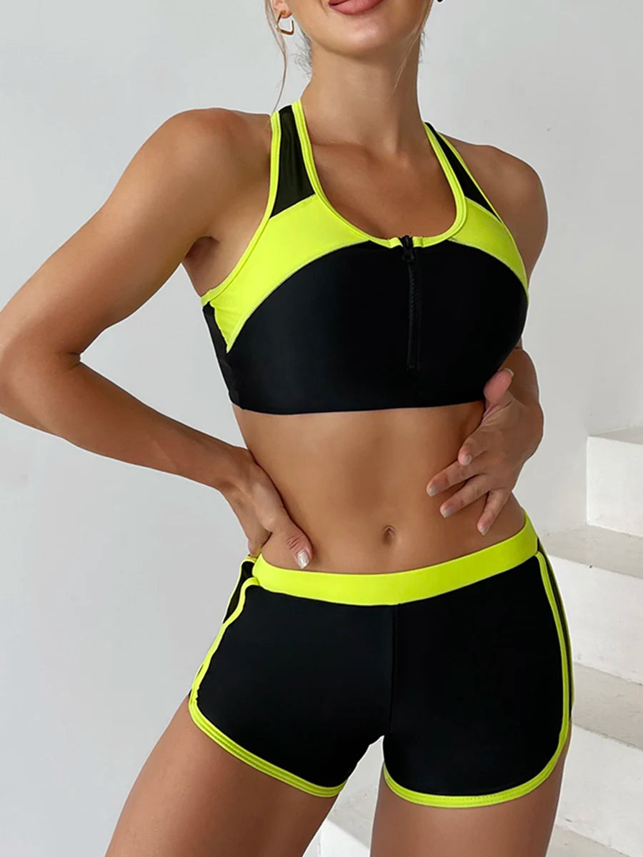 Women's Zipper Bikini Set Two Piece Swimsuit with Shorts Beachwear