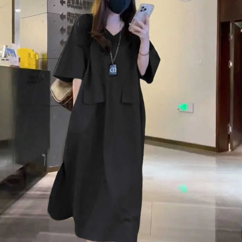 Women's Oversized V-Neck Korean Summer Dress with Pockets