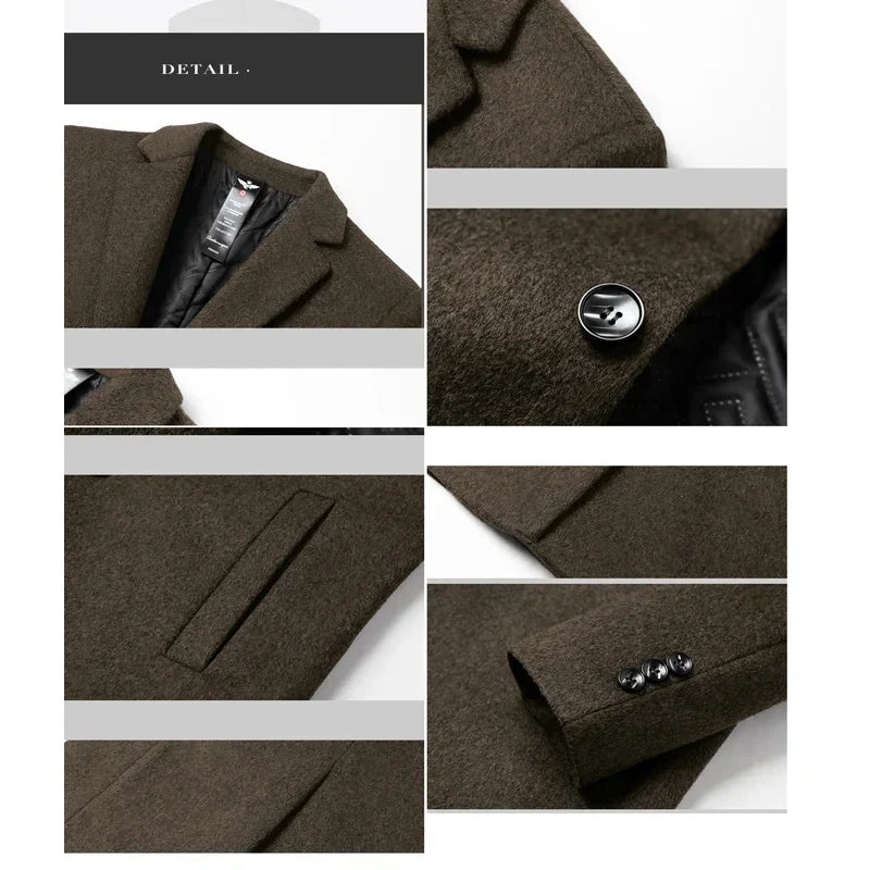 BROWON Men's Solid Color Woolen Trench Coat