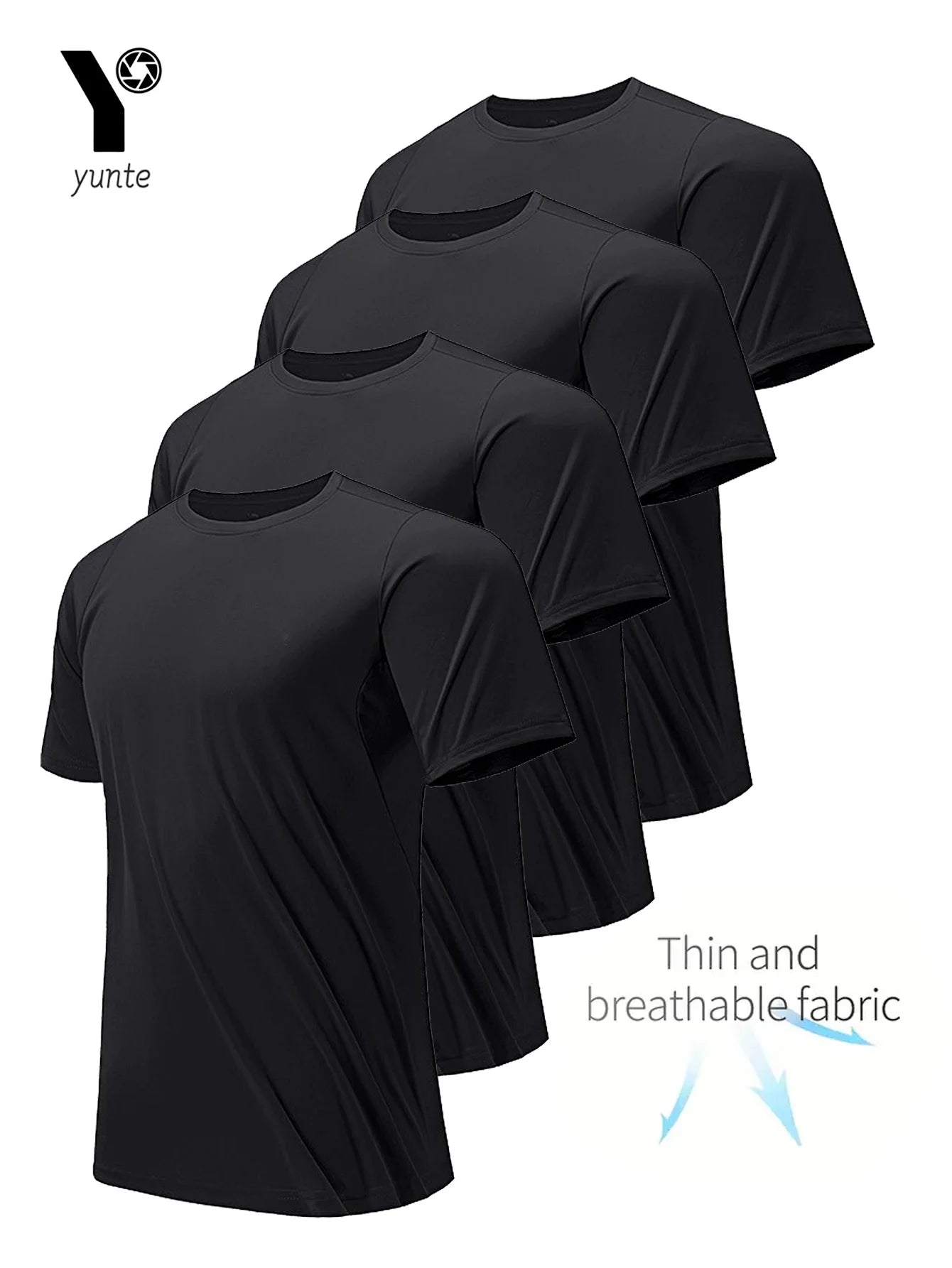 Men’s 4-Pack Black Quick-Dry Round Neck T-Shirts – Ultra-Light Gym & Running