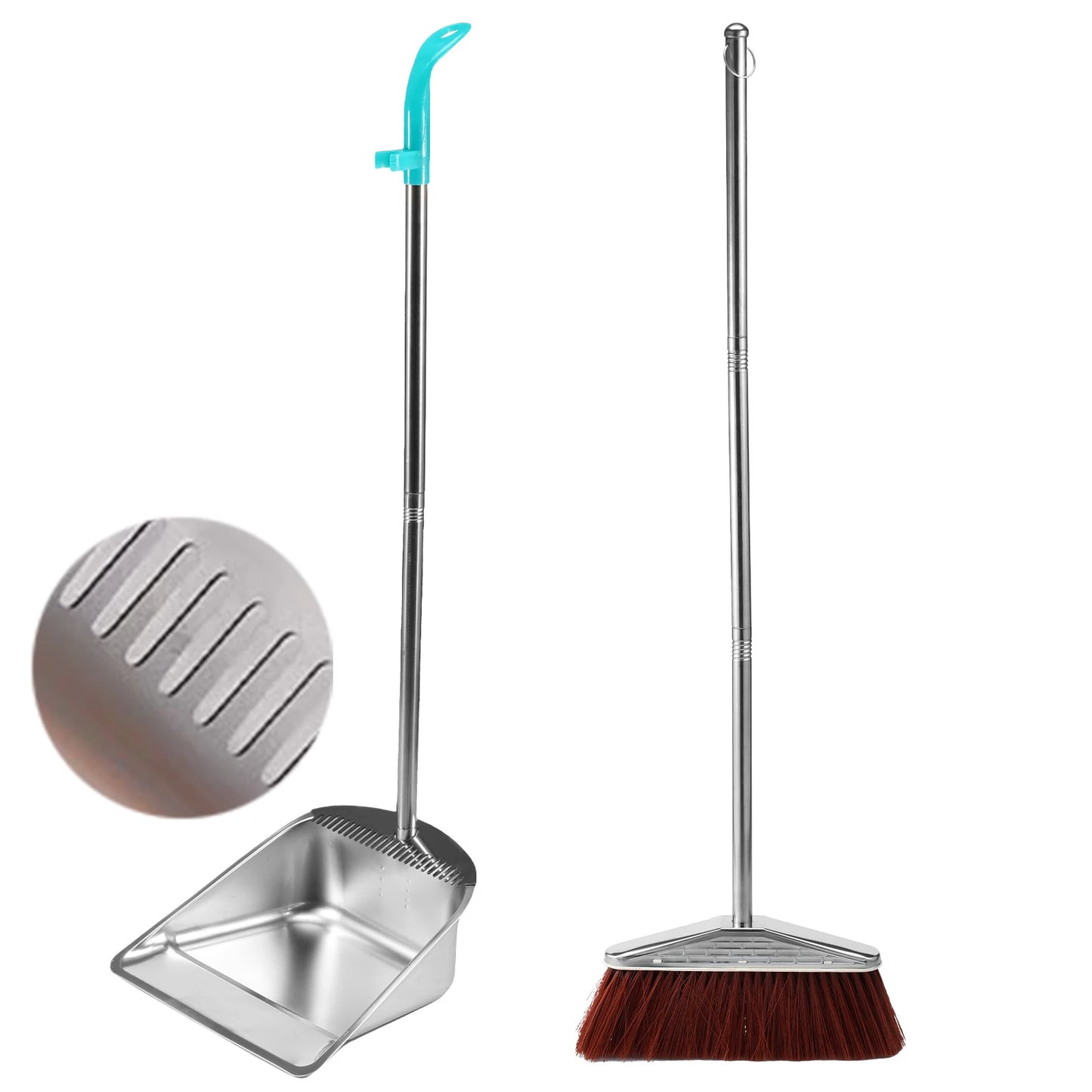 Long Handle Broom and Dustpan Set with Stainless Steel Pole for Home Cleaning