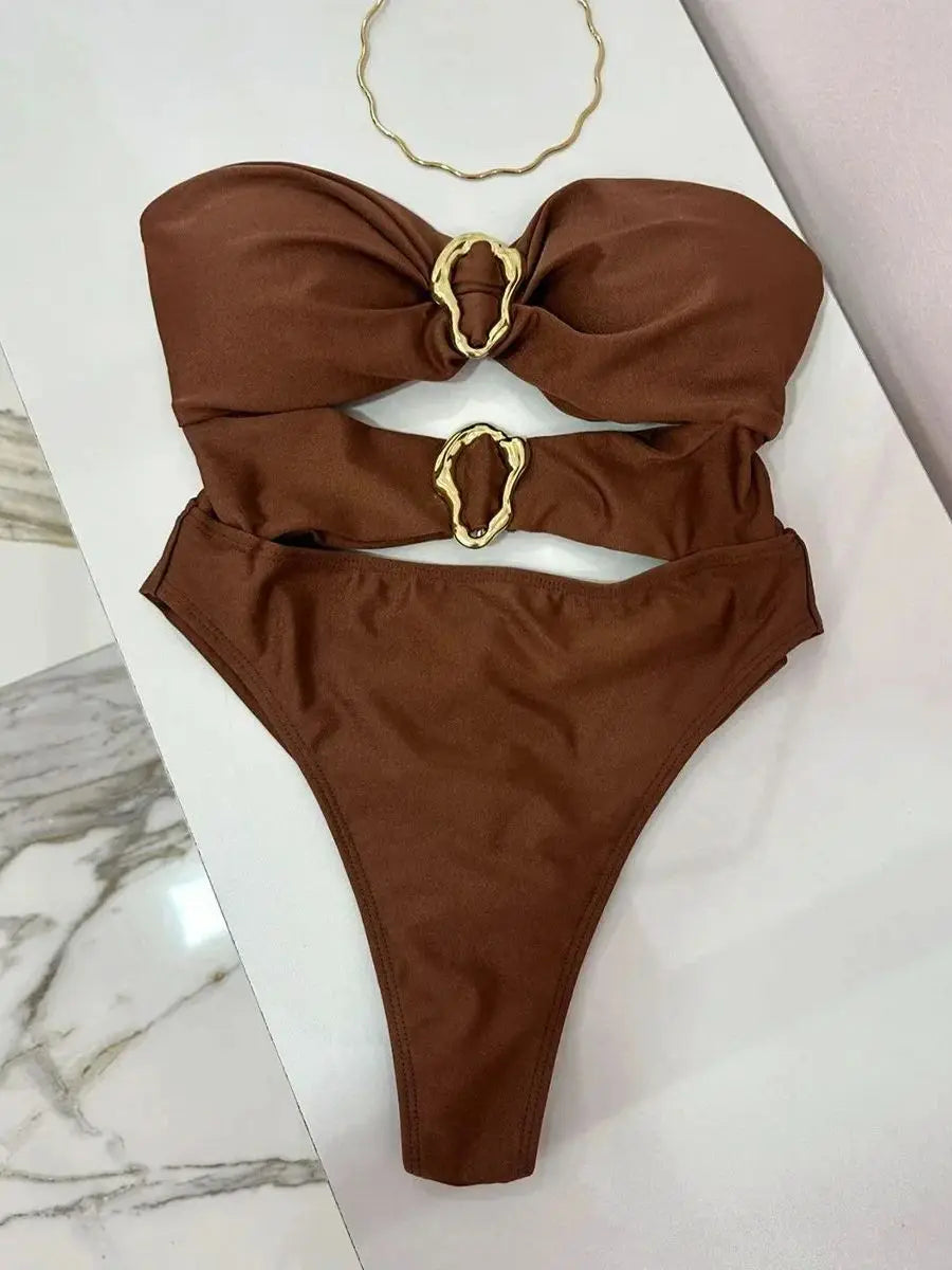 Sexy One Piece Swimsuit for Women with Metal Rings Cut Out Design