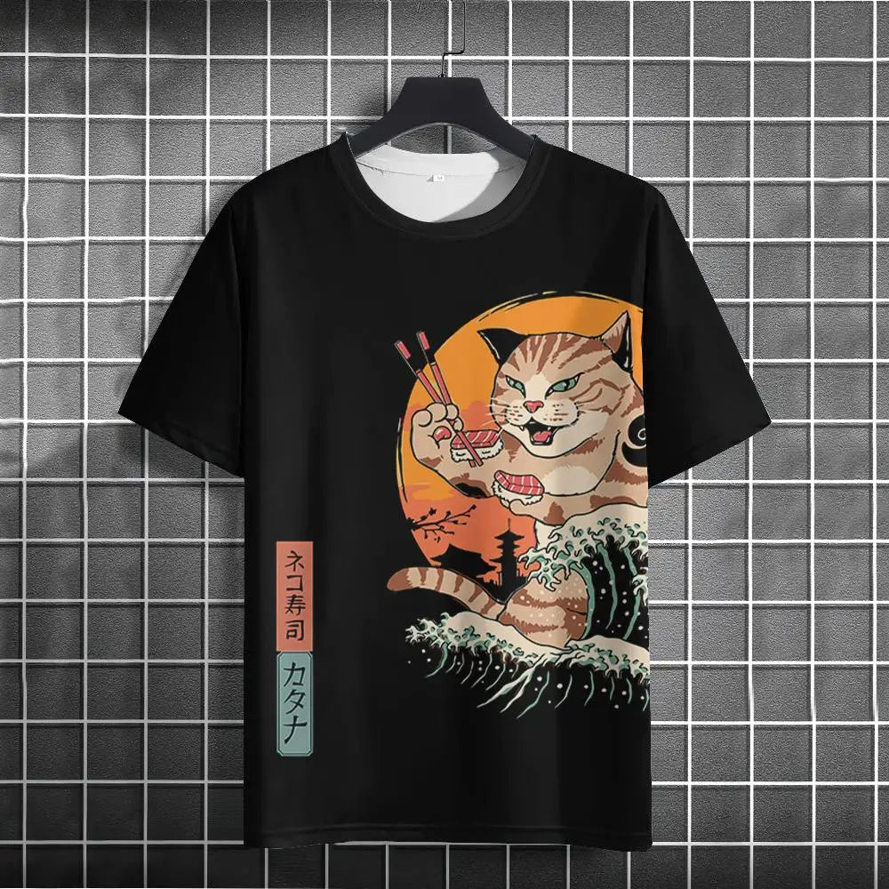 Unisex Japanese Samurai Cat 3D Printed T-shirt