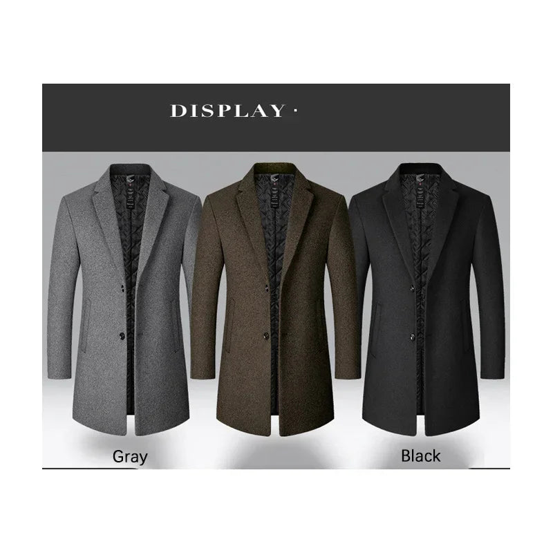 BROWON Men's Solid Color Woolen Trench Coat