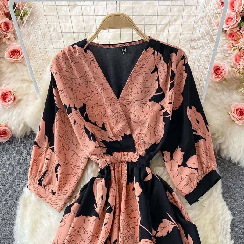 Women's Floral Chiffon Midi Dress – V-Neck Summer Elegance