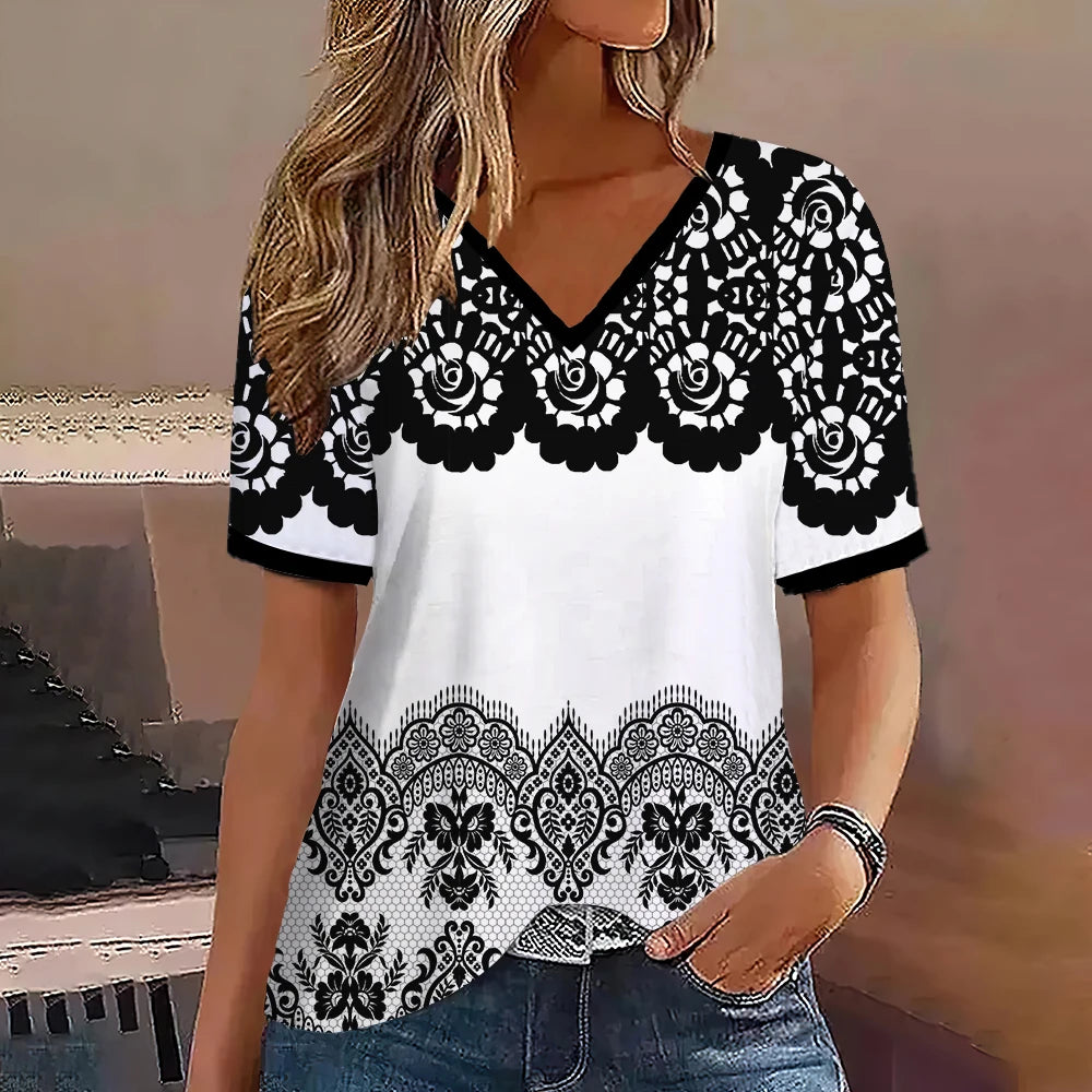 Women's Striped Gradient V-Neck Oversized T-Shirt
