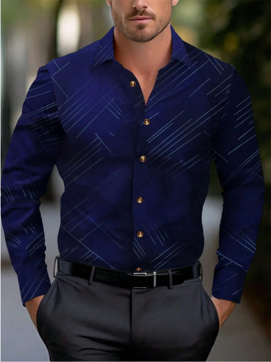 Men's Solid Color Formal Button-up Shirt – Long Sleeve Striped Lapel