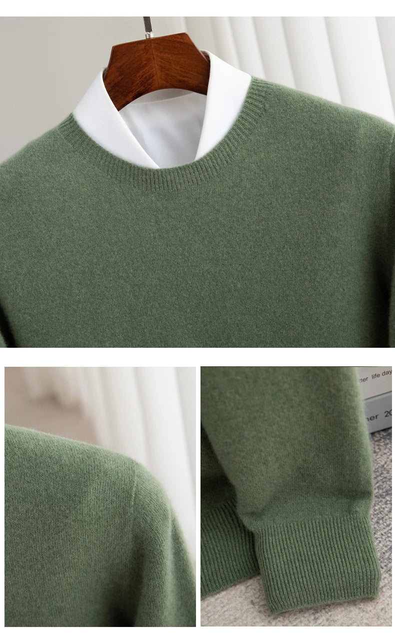 Pure Wool Men's Slim-Fit Round Neck O-Neck Cashmere Sweater