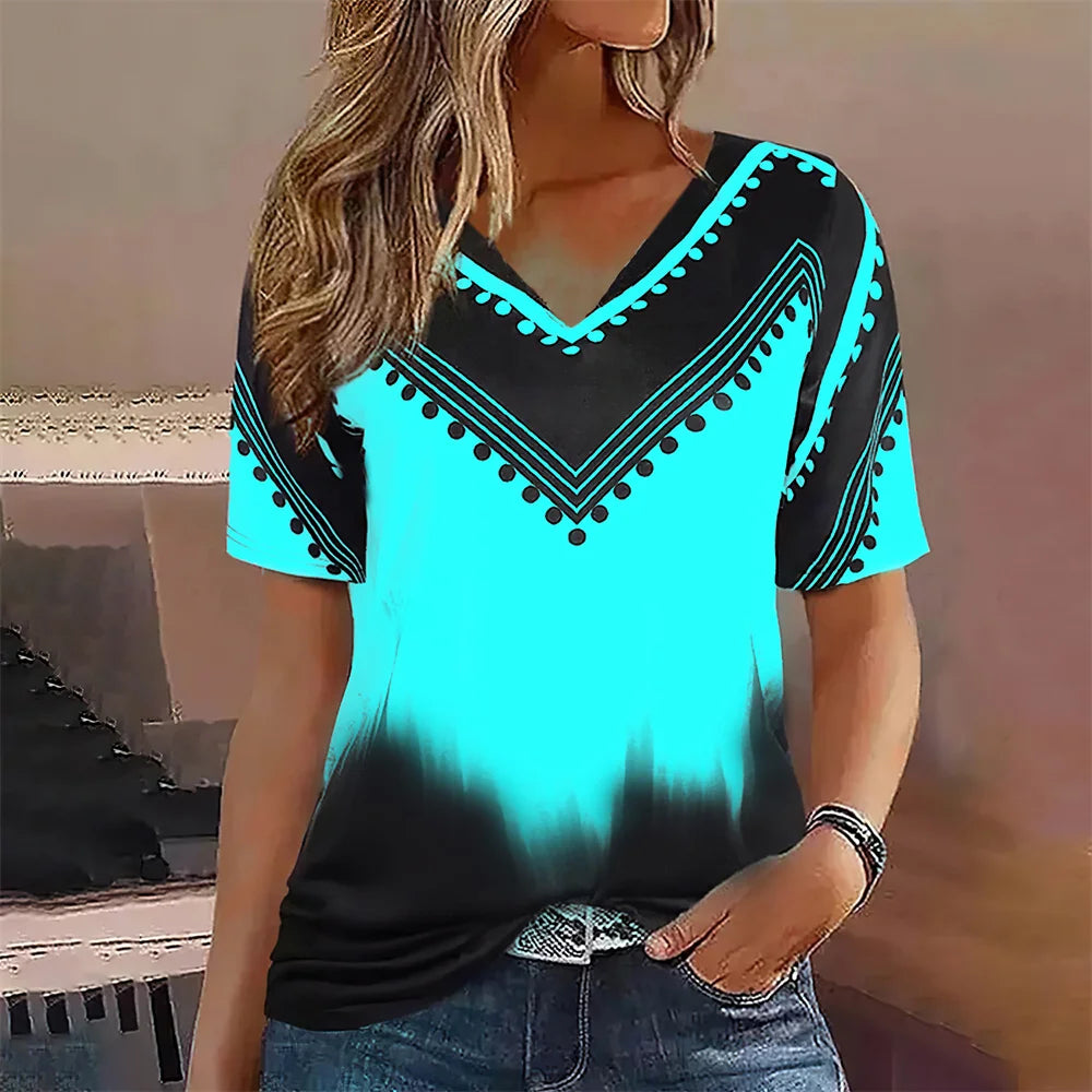 Women's Striped Gradient V-Neck Oversized T-Shirt