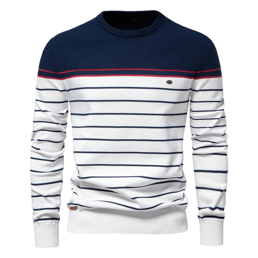 Striped Cotton O-Neck Pullover Sweater