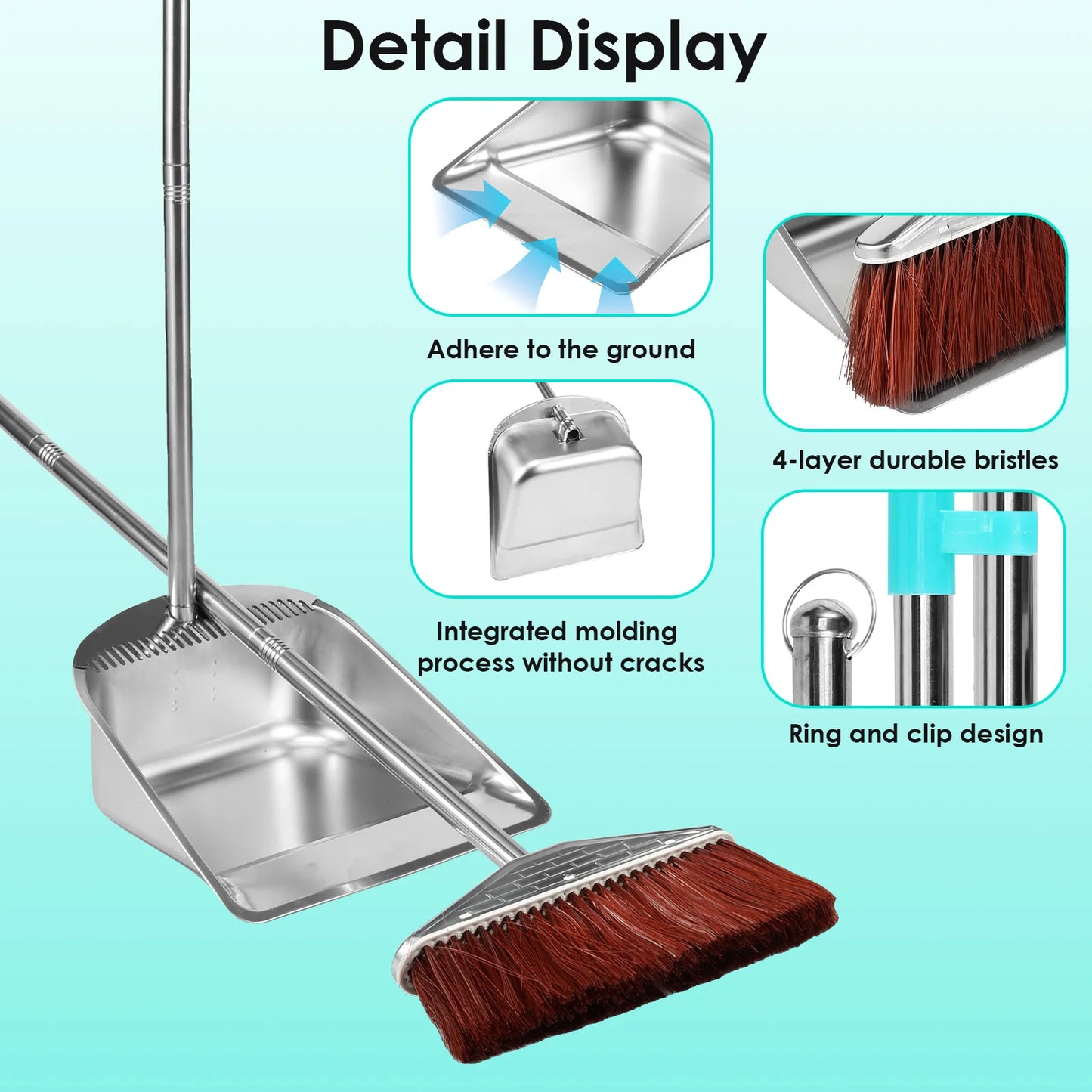 Long Handle Broom and Dustpan Set with Stainless Steel Pole for Home Cleaning