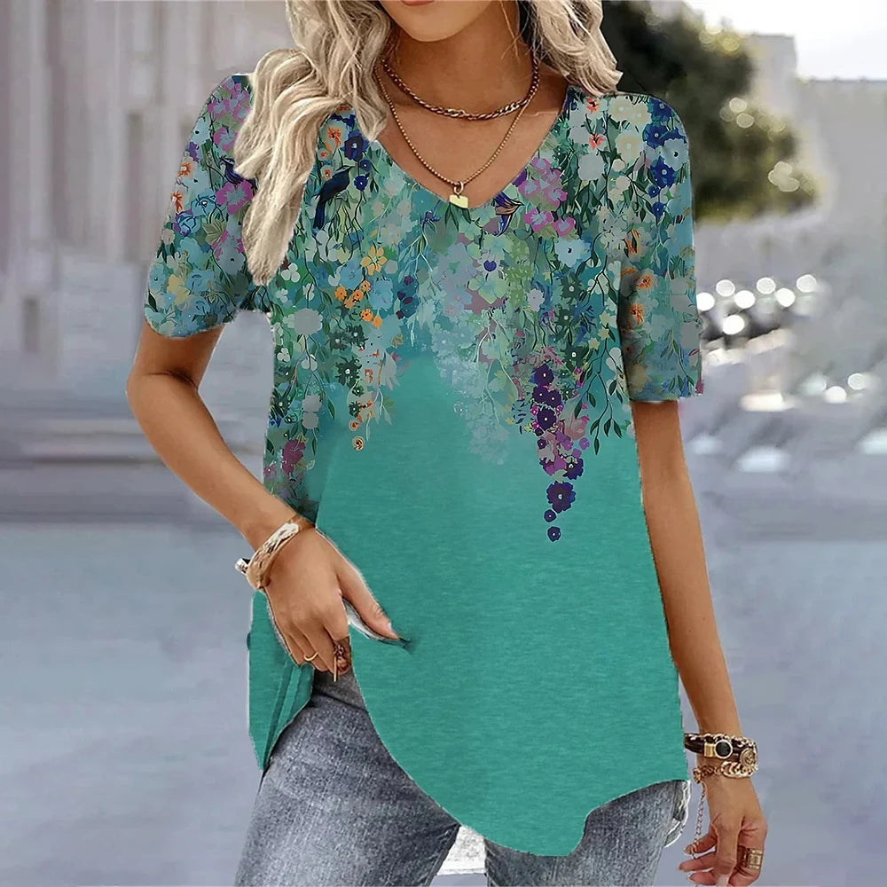 Women’s 3D Flower Print V-Neck Oversized Summer Tee