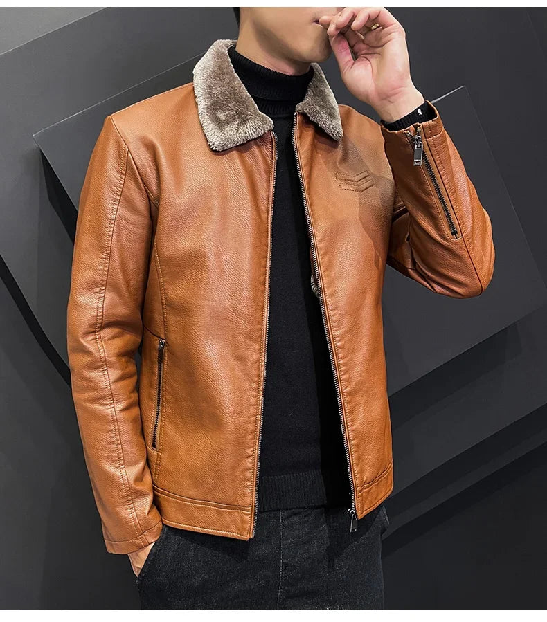 Winter Motorcycle Leather Jacket with Fur Collar
