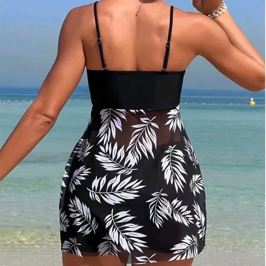 Leaf Print Women's Beach Dress with Shorts Summer Swimwear Set